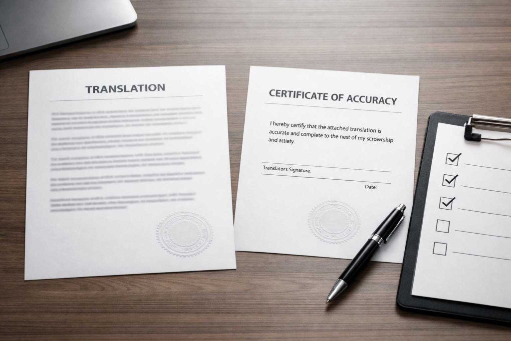 Certified translation verification checklist beside certificate of accuracy on a desk