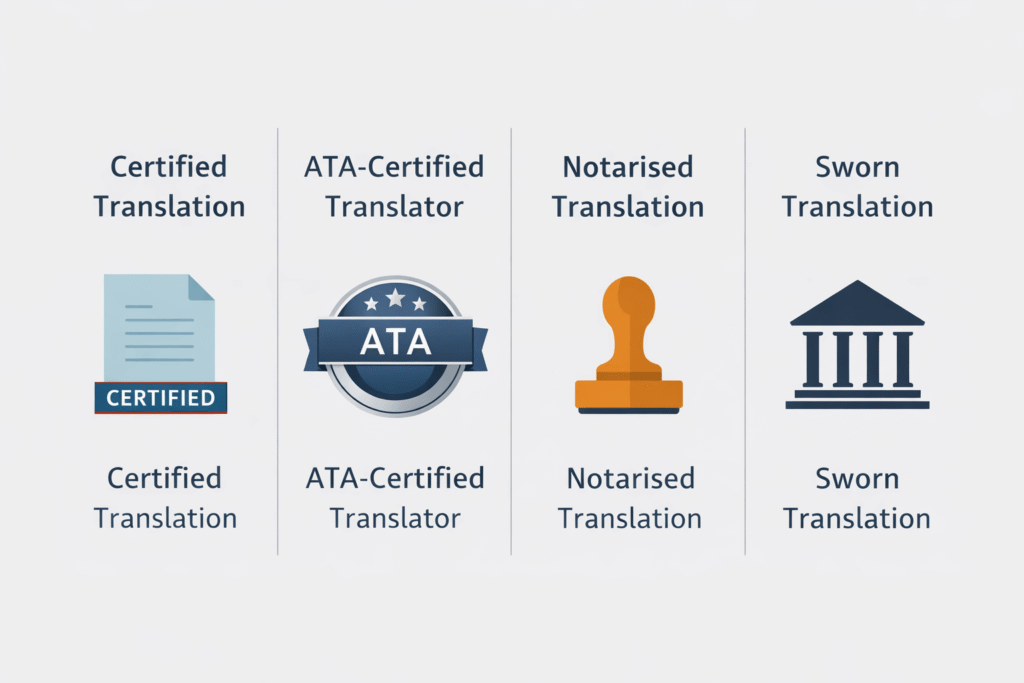 Certified translation vs ATA certified translator vs notarised vs sworn