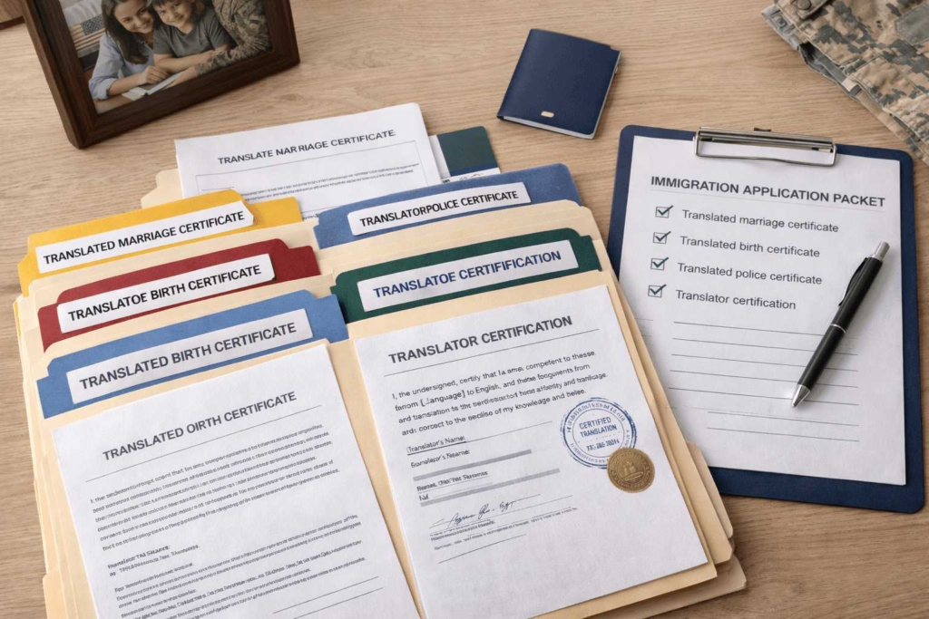 Certified translations of military family immigration documents ready for submission