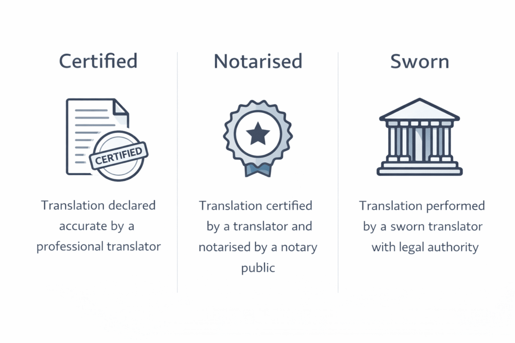 Certified vs notarised vs sworn translation for background checks