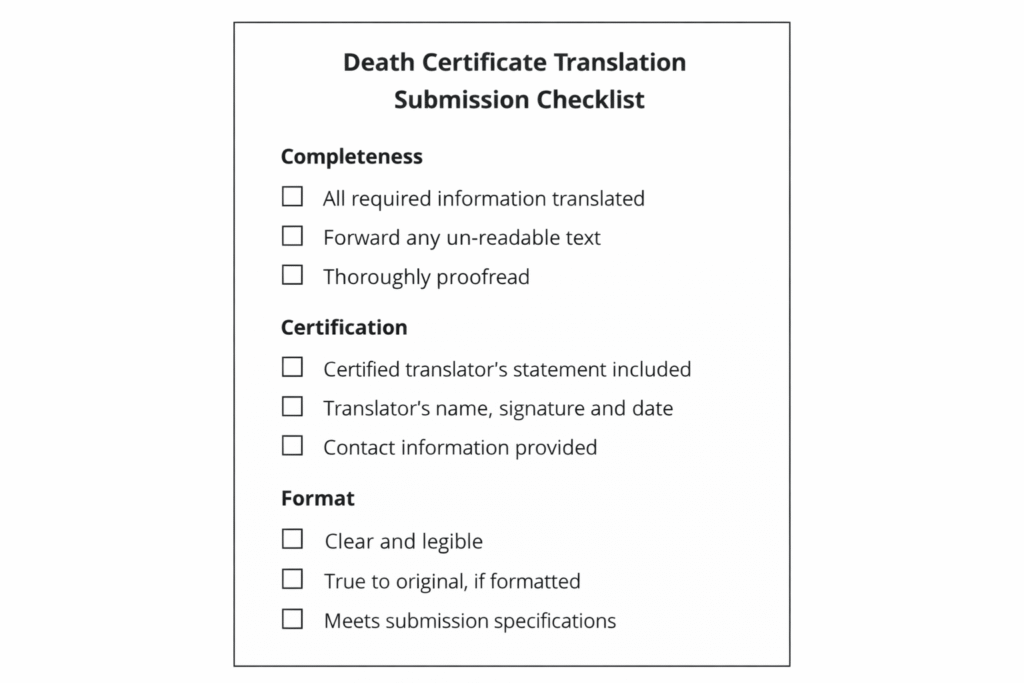 Checklist for submitting a translated death certificate