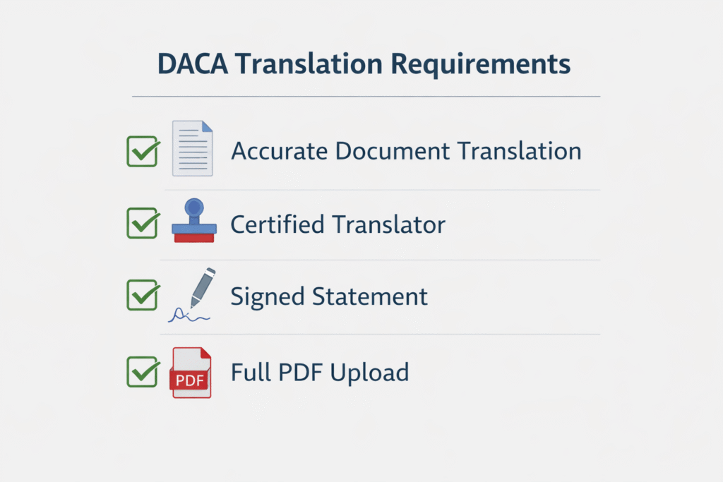 Checklist showing DACA translation requirements for USCIS submission