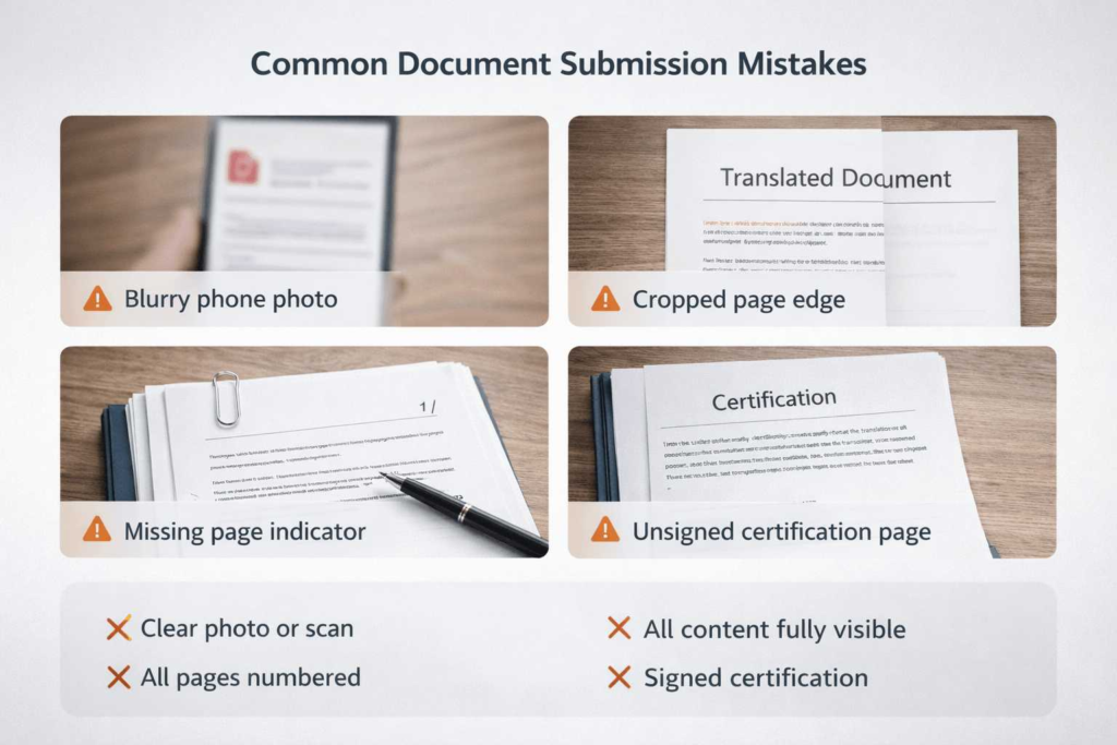 Common certified translation submission mistakes including blurry scans and missing certification page