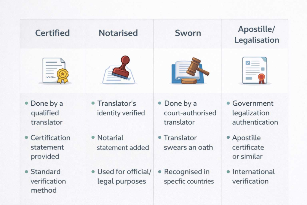Comparison chart of certified, notarised, sworn translations and apostille for visa documents