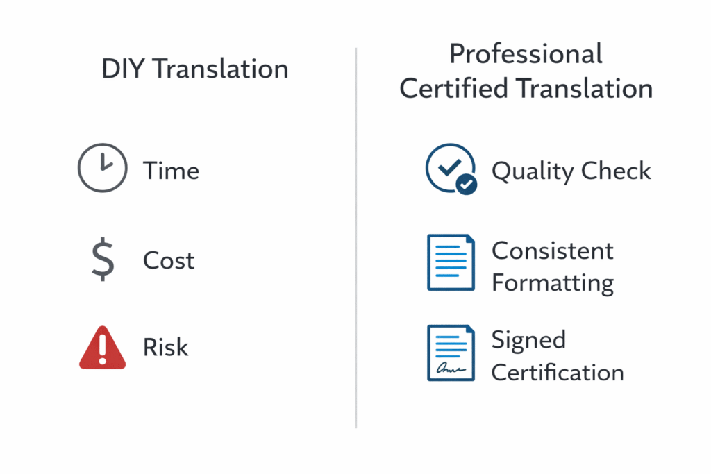 Comparison of DIY USCIS translation versus professional certified translation with quality checks and certification