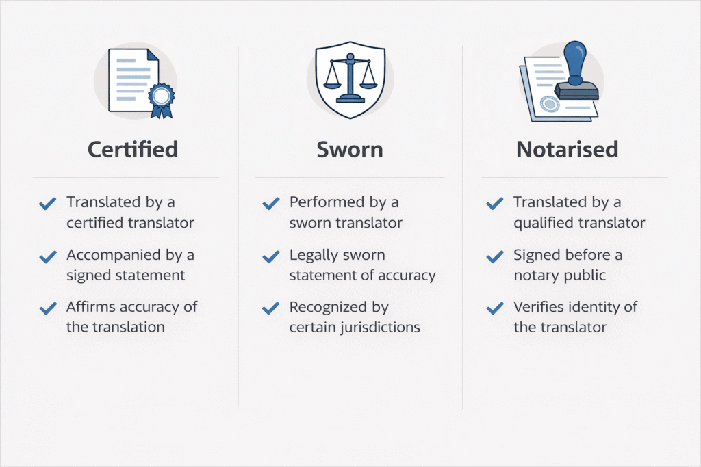 Comparison of certified, sworn, and notarised translations for court requirements