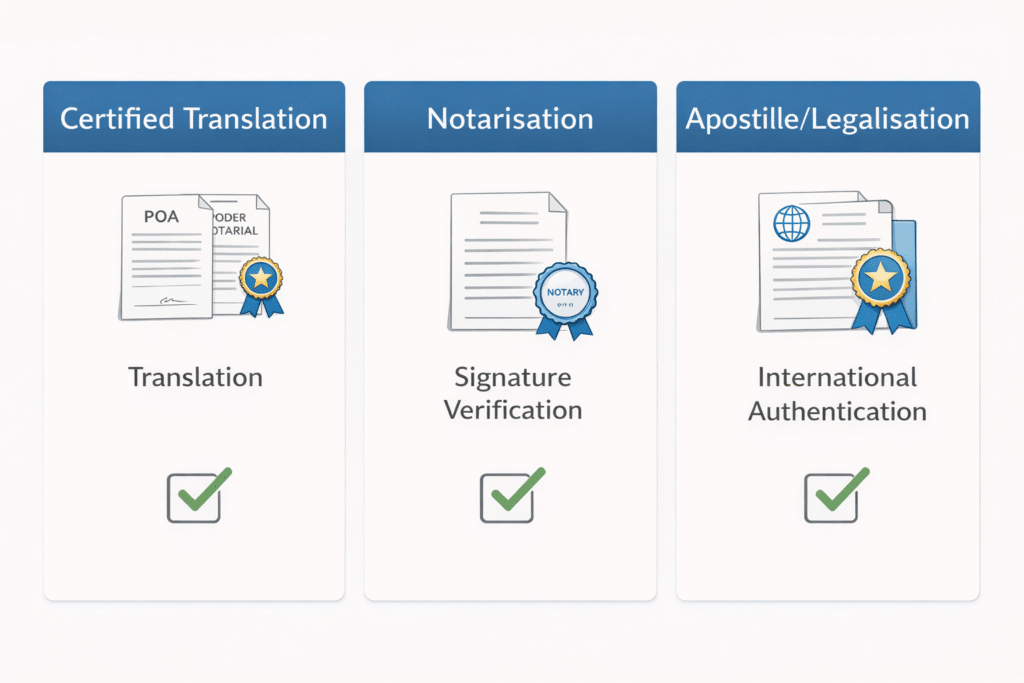 Comparison of certified translation, notarisation, and apostille for POA documents