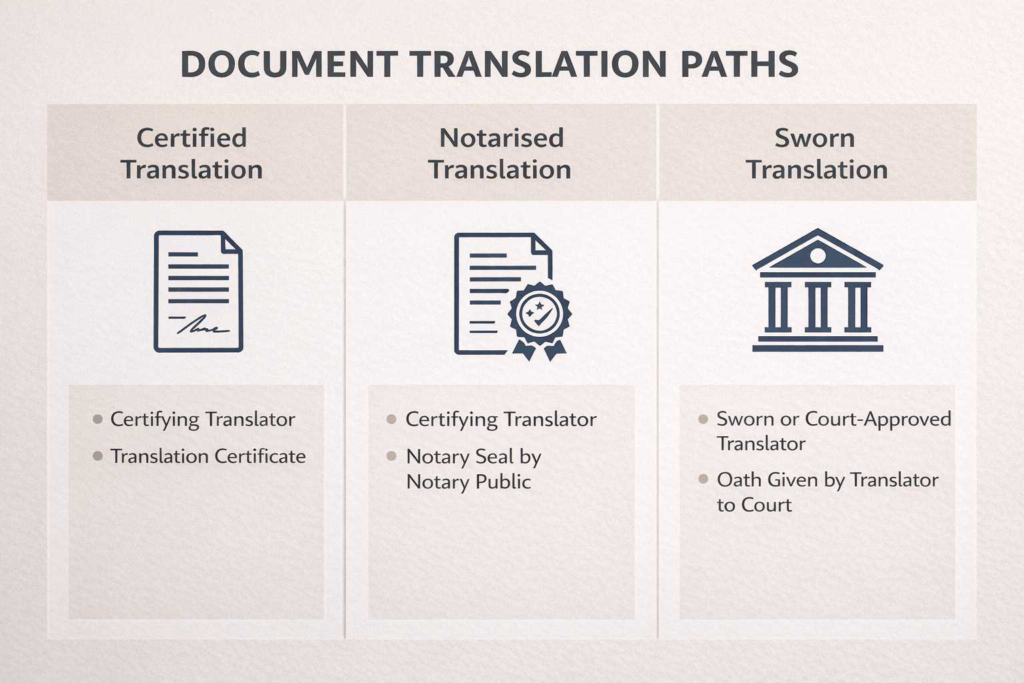 Comparison of certified translation, notarised translation, and sworn translation requirements