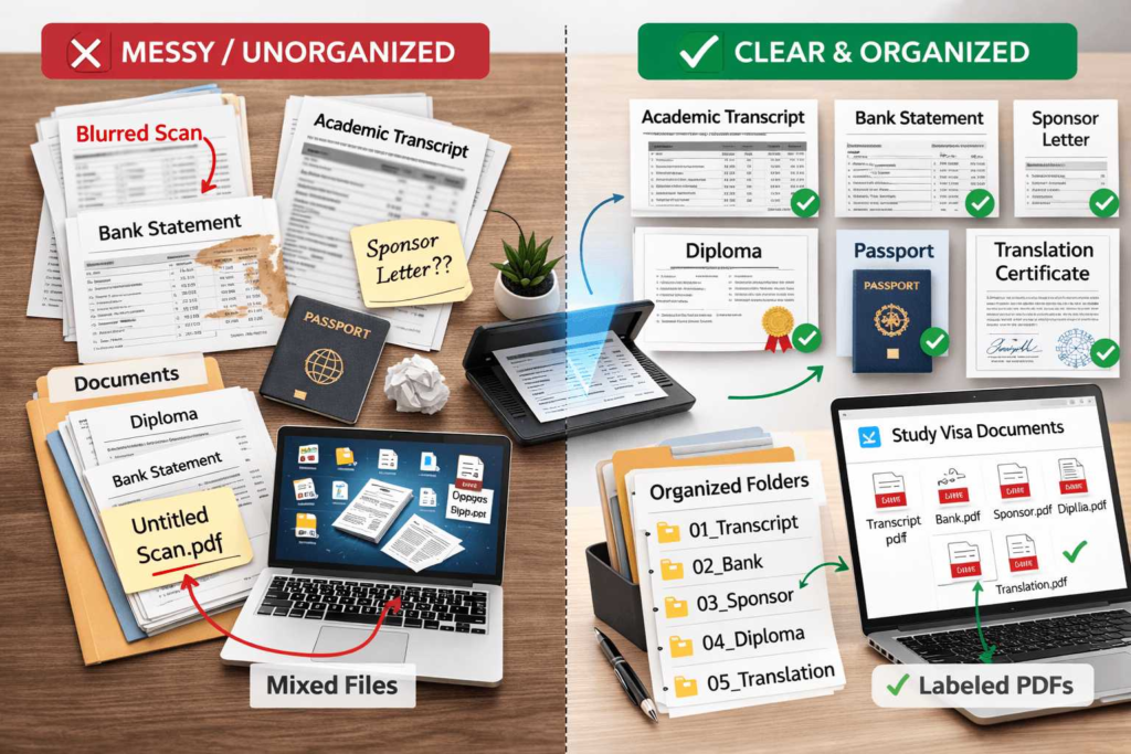 Comparison of poor document scans versus properly prepared files for student visa translation