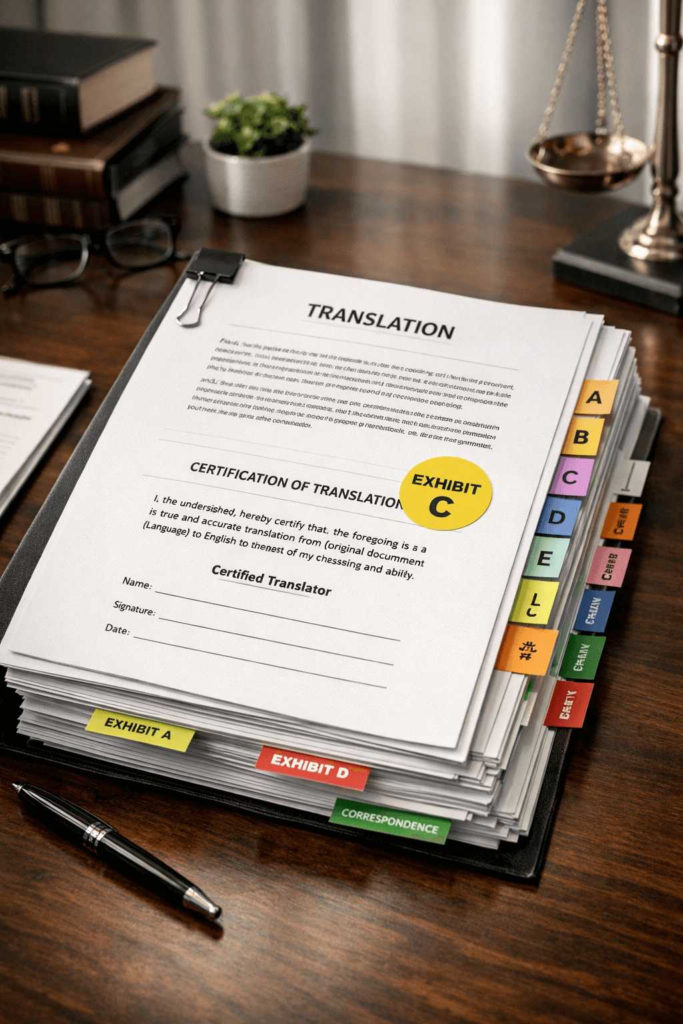 Court bundle with certified translated documents prepared for filing