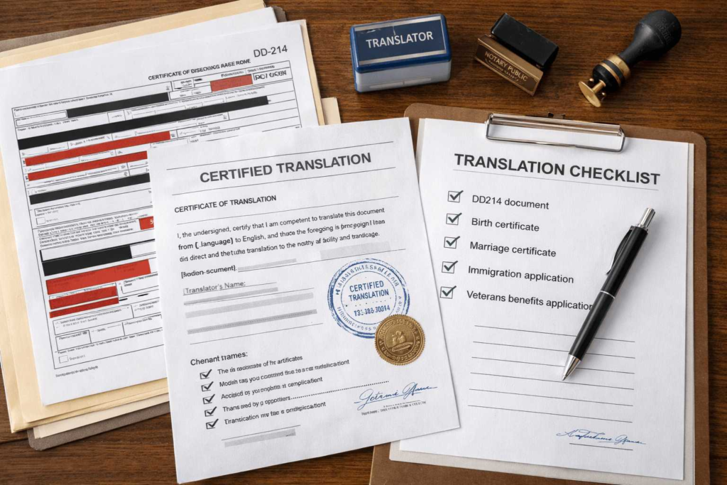 DD 214 and military service records prepared with certified translation packet