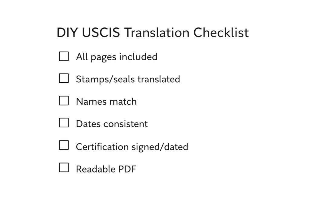 DIY USCIS translation checklist covering completeness, stamps, names, dates, and certification.