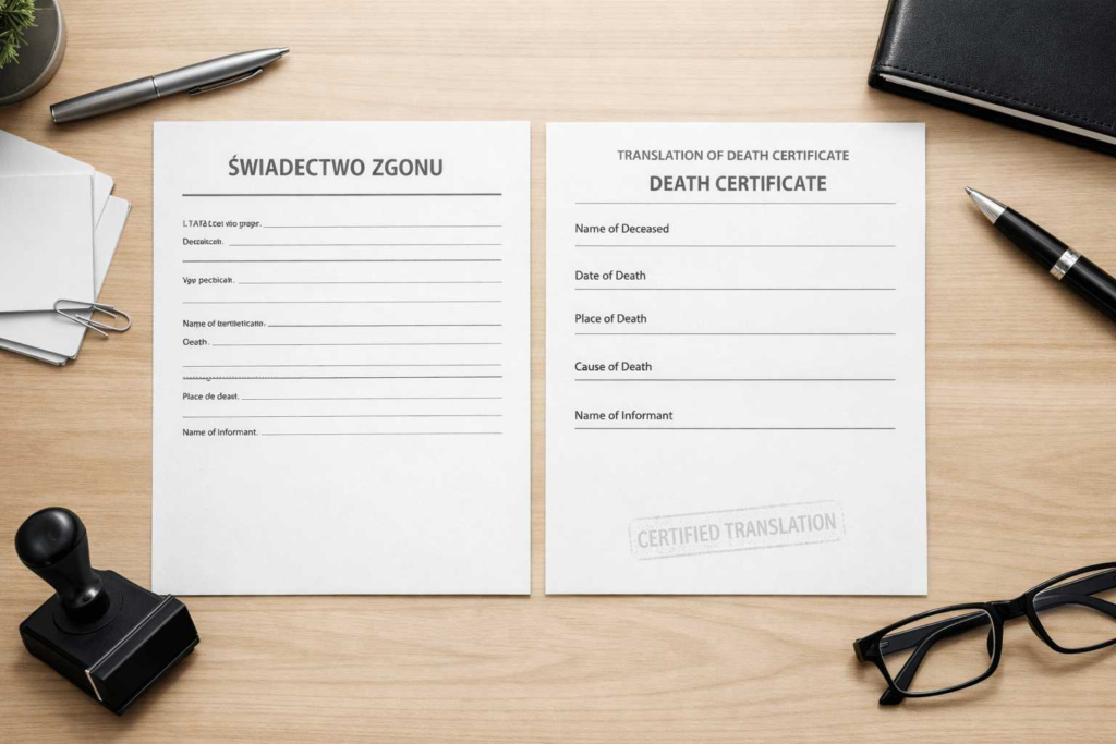 Death certificate translation with a certified copy on a desk