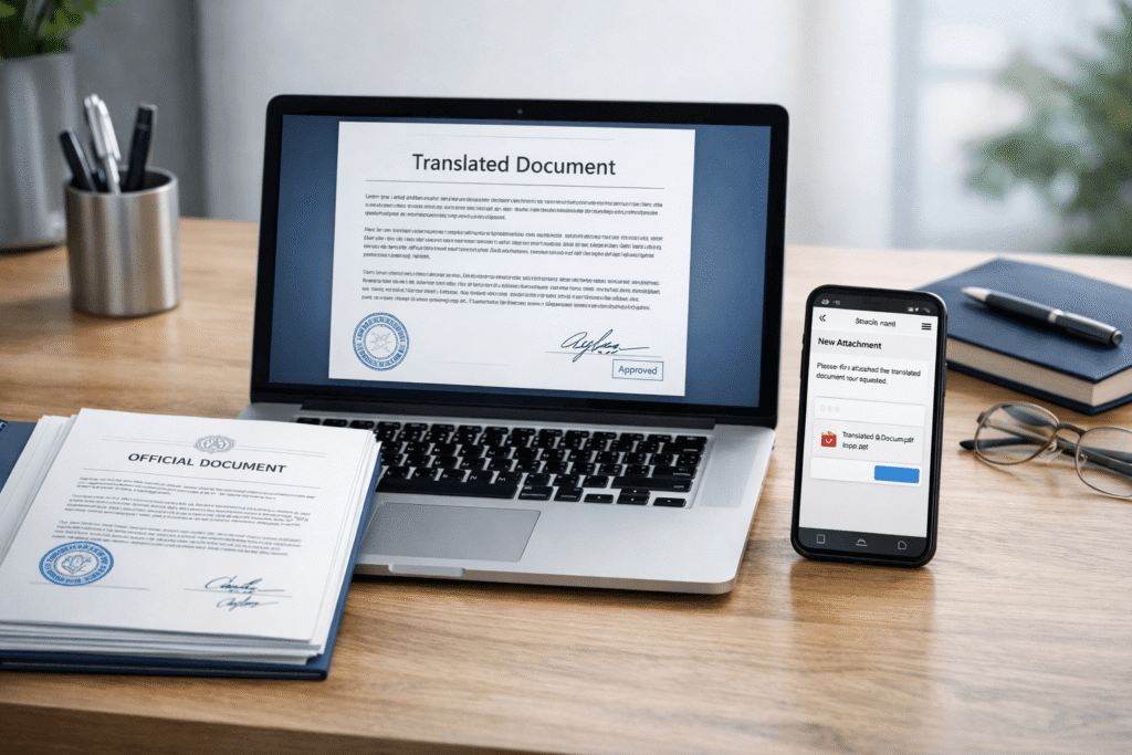 Digital certified translation PDF on laptop next to printed certified documents for official submission