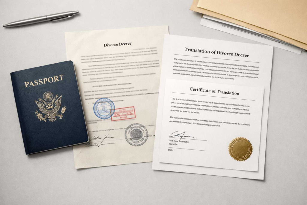 Divorce papers and certified translation prepared for an immigration application