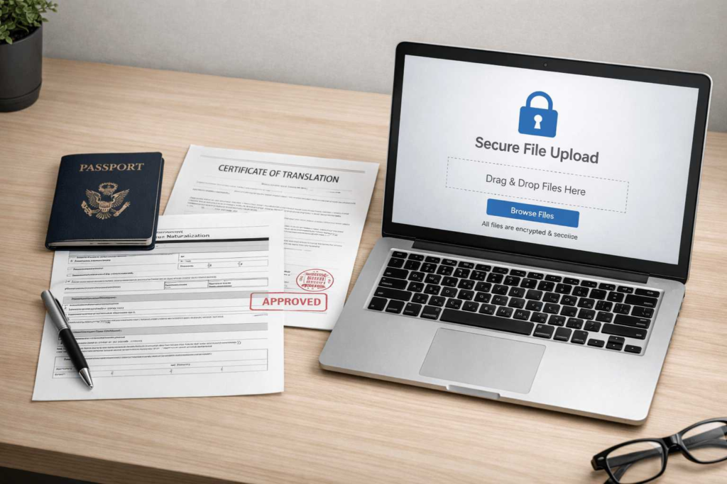 Documents and passport representing translation requirements for US citizenship (N 400)