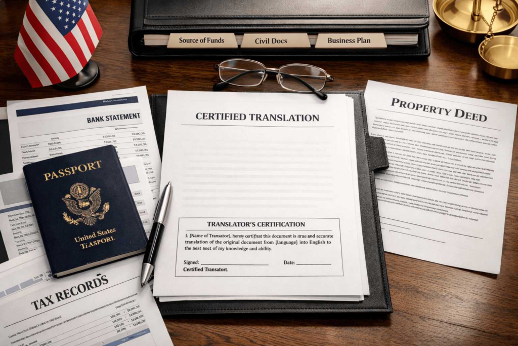 EB 5 investor visa document translation pack with source of funds records and certified English translation
