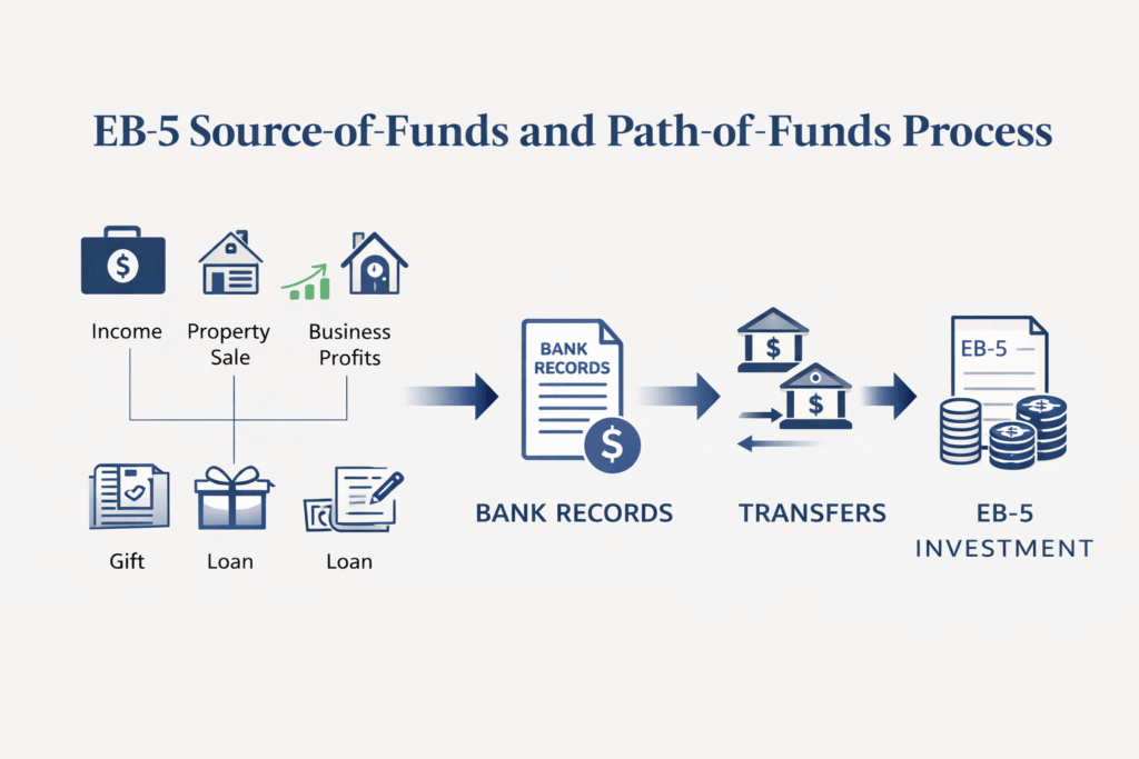 EB 5 source of funds and path of funds translation workflow diagram