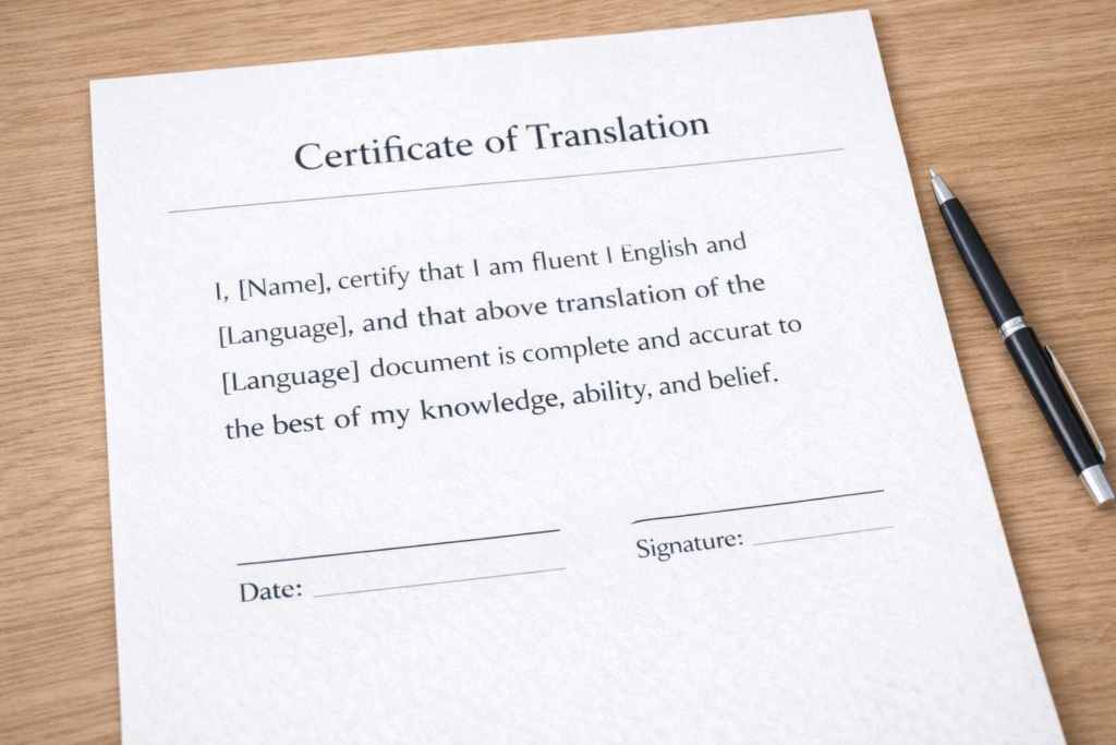 Example certificate of translation wording with signature and date lines