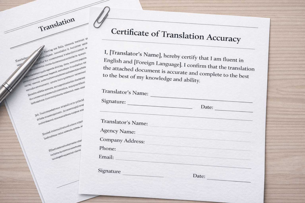 Example certified translation with signed translator certification statement