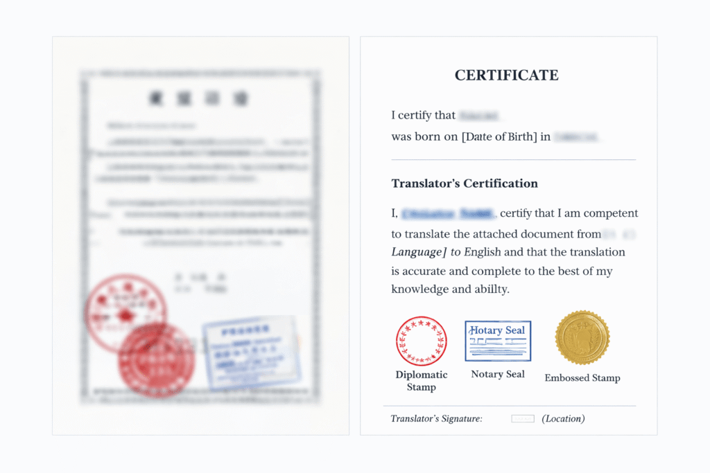 Example of bilingual document and certified English translation for USCIS