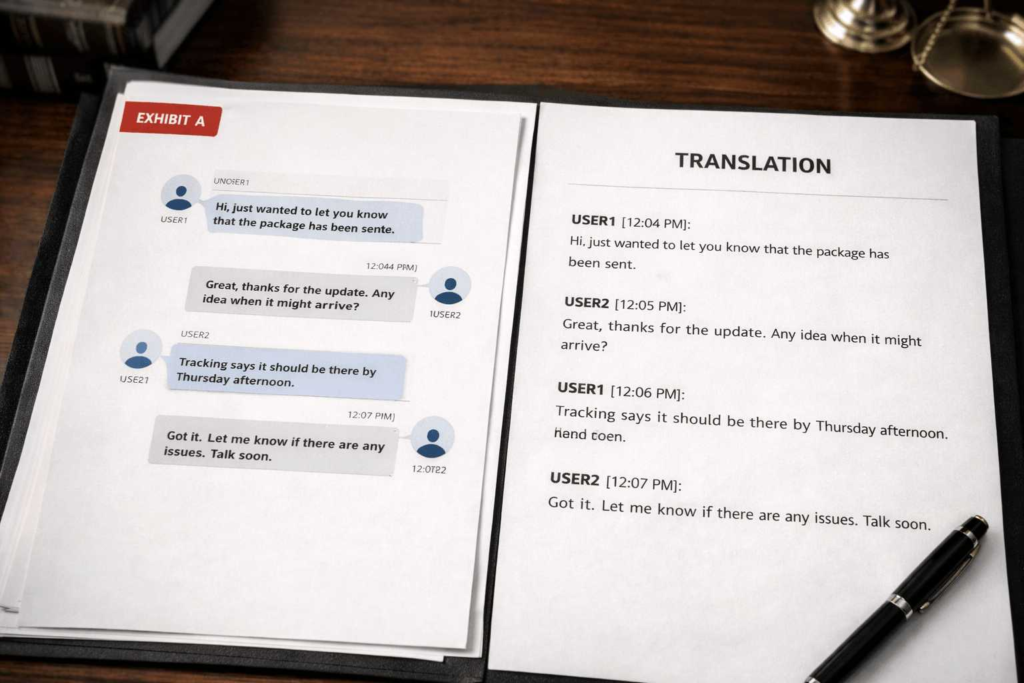 Example of translating chat evidence with timestamps and speaker labels preserved