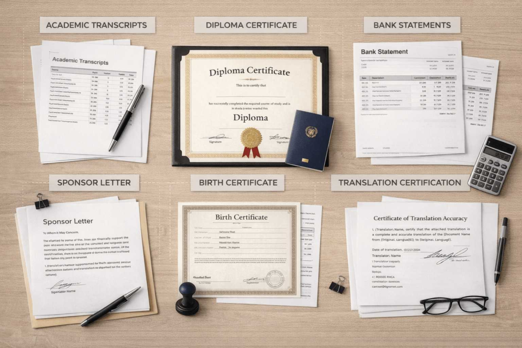 F 1 visa translation checklist with academic, financial, and civil documents