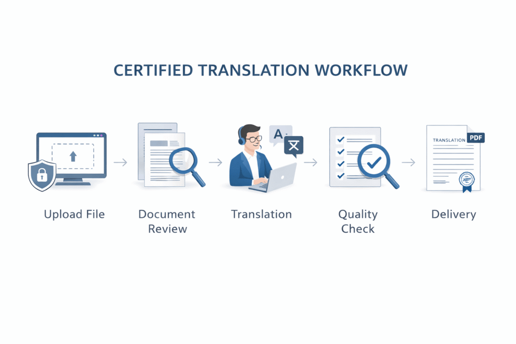 Five step process for certified pension document translation from upload to delivery