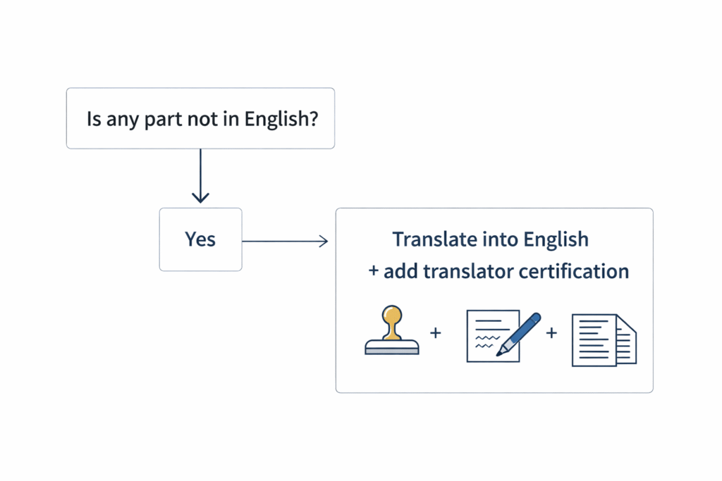 Flowchart explaining USCIS foreign language document translation rules