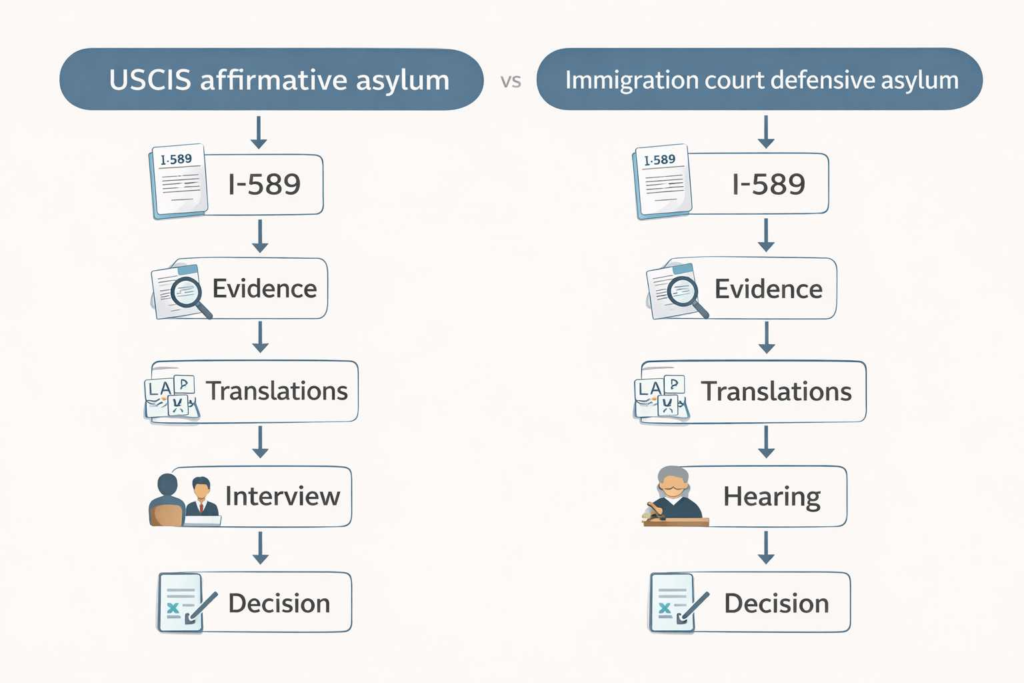 Flowchart showing USCIS and immigration court asylum processes