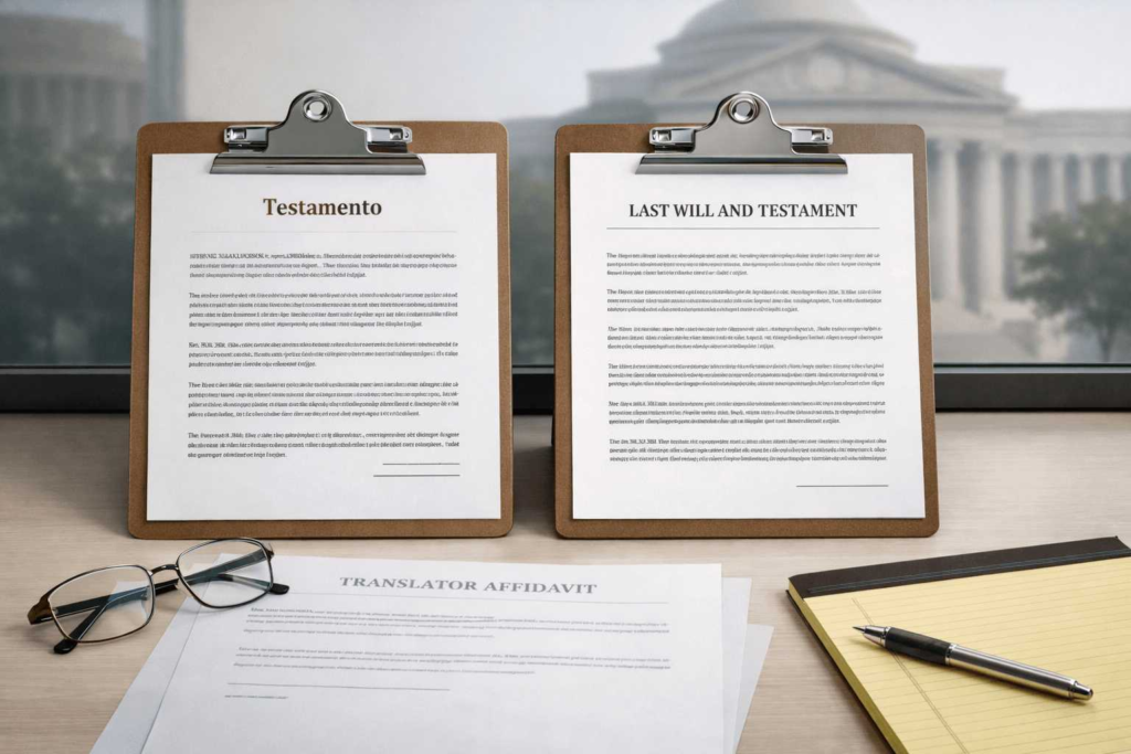 Foreign will and English probate translation with translator affidavit on a desk