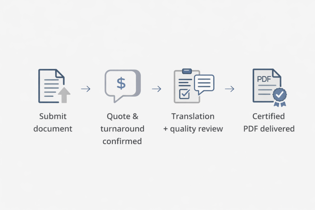 Four step process from document submission to certified PDF delivery