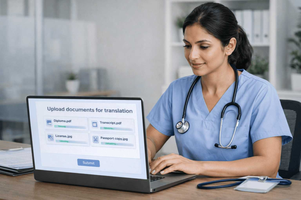 Healthcare professional uploading documents for certified translation before U.S. relocation