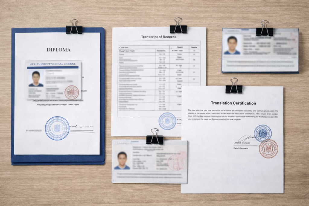 Healthcare worker certified translation package with diploma, transcript, licence, and translator certification