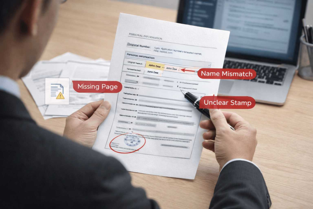 Illustration showing common visa translation mistakes name mismatch, missing pages, and unclear stamps