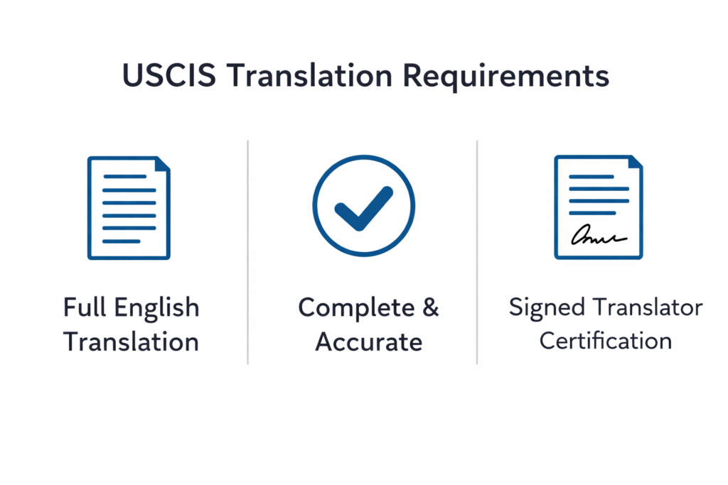 Infographic showing USCIS translation requirements full translation, complete and accurate, and signed certification