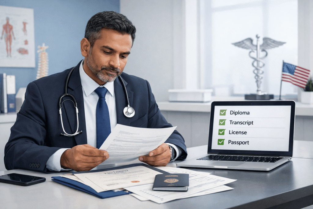 International doctor reviewing certified translations for U.S. medical licensing documents