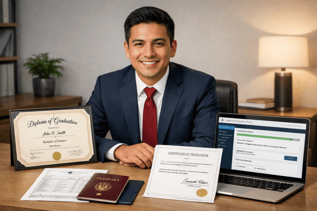 International graduate preparing foreign diploma translation and U.S. credential evaluation documents