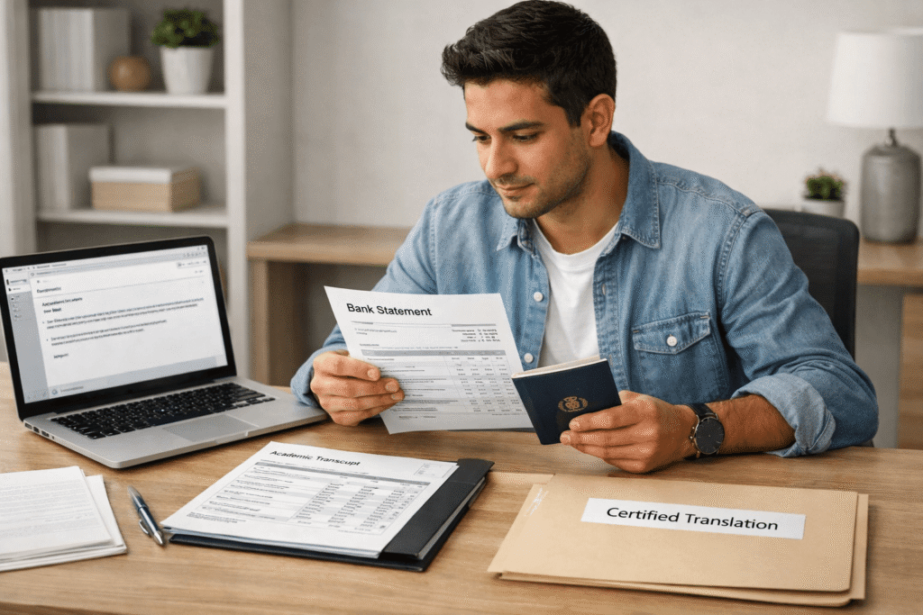 International student organising academic and financial documents for F 1 visa certified translation