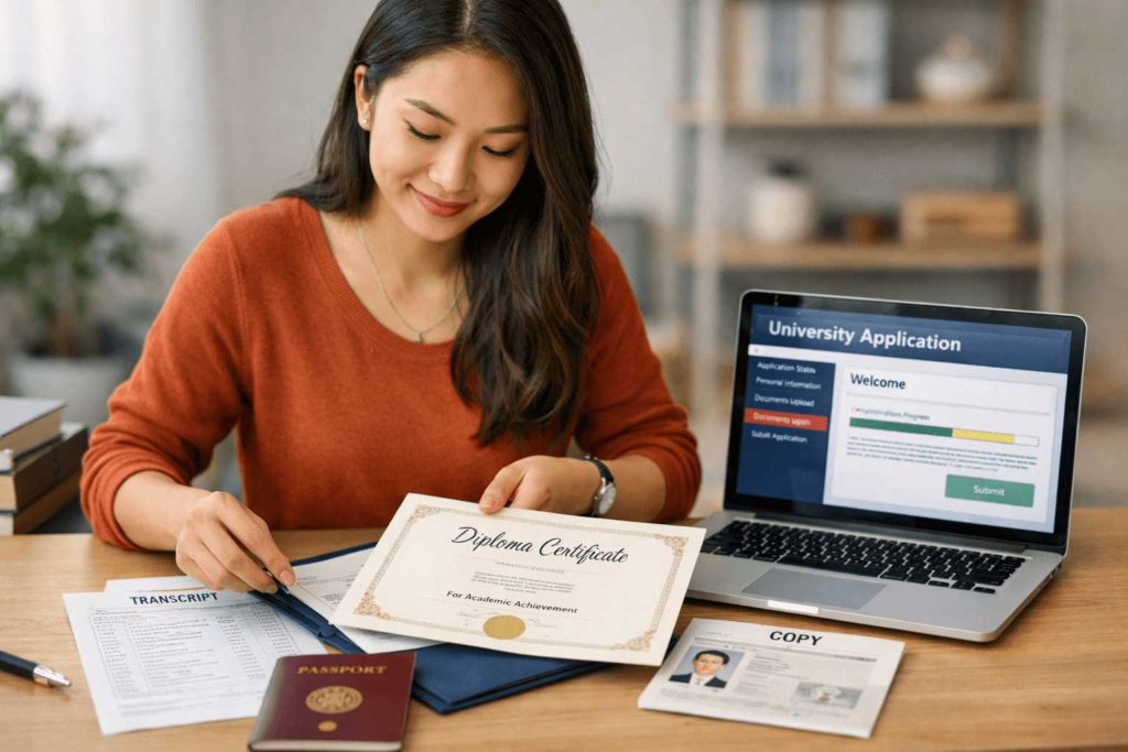 International student preparing certified translations for college admission documents