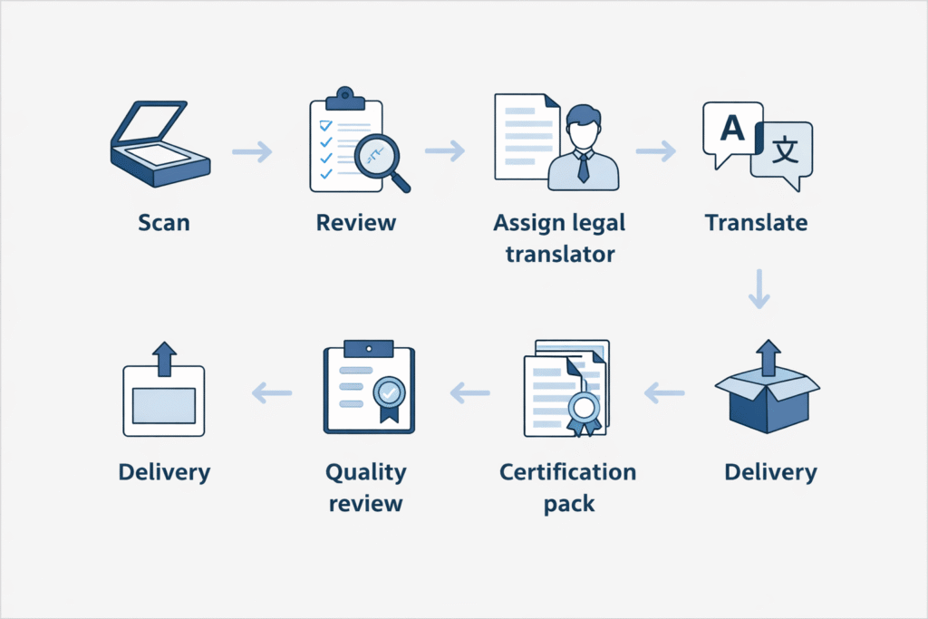 Legal document translation process from upload to certified delivery