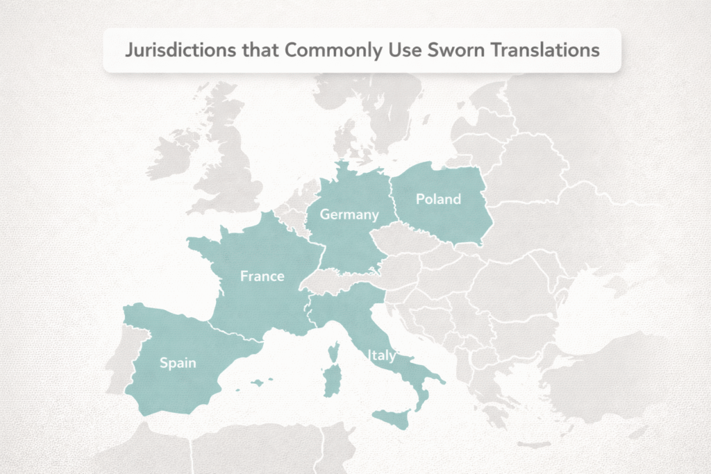 Map showing countries where sworn translations are commonly required