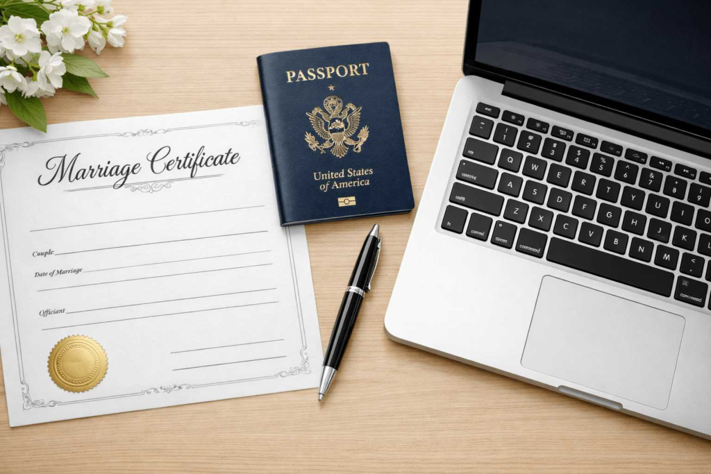 Marriage certificate, passport, and secure online upload for immigration translation