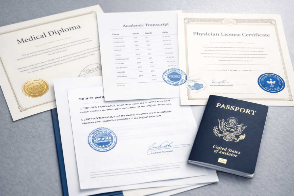 Medical diploma, transcript, licence, and passport prepared for certified translation