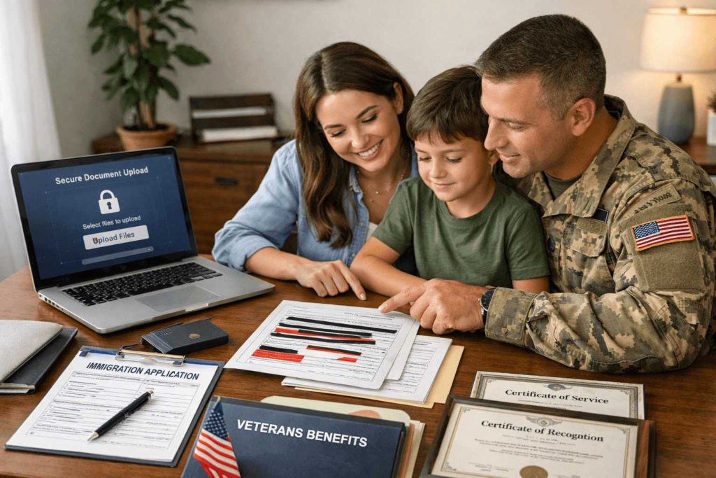 Military family organising certified translation documents for VA and immigration filings