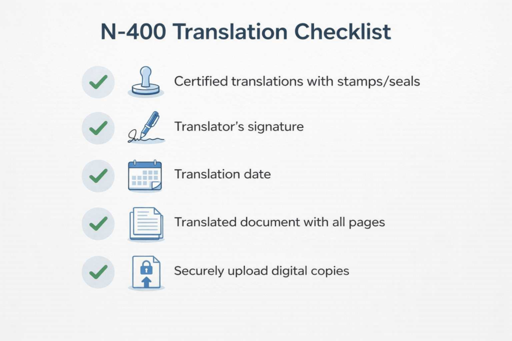 N 400 translation checklist showing what must be included in a certified translation