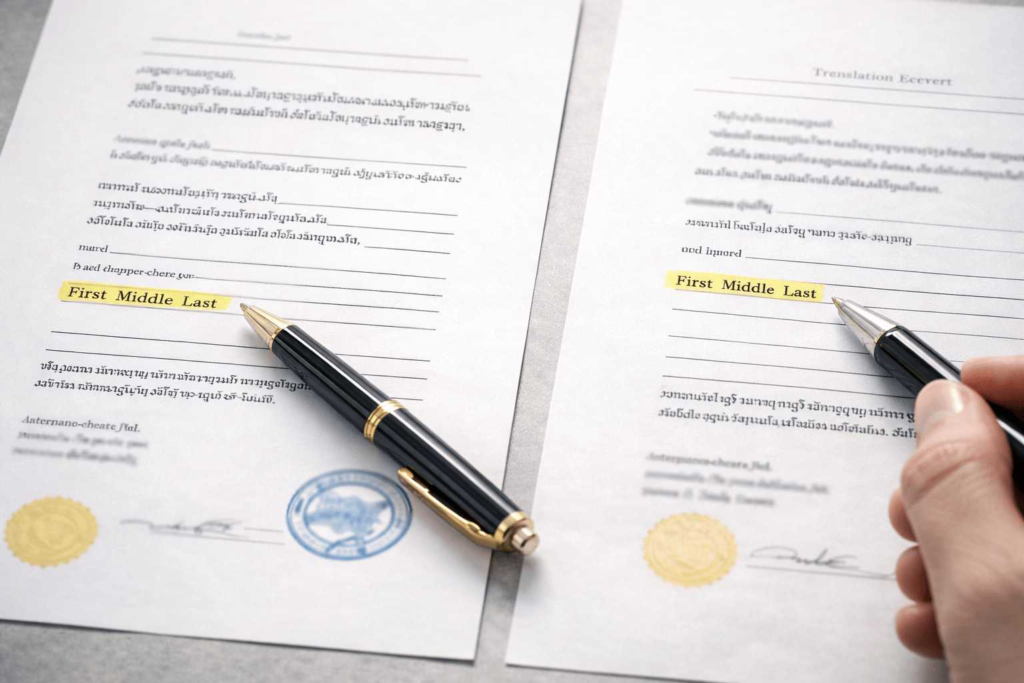 Name matching and transliteration consistency in certified name change translations