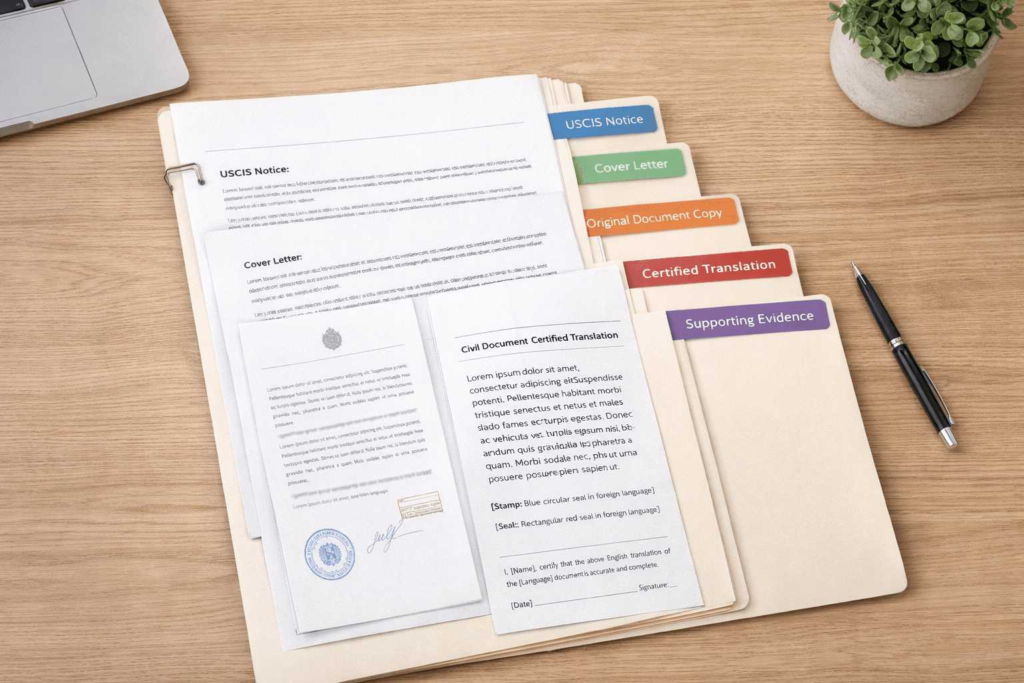 Organised USCIS response packet with corrected translation and supporting documents