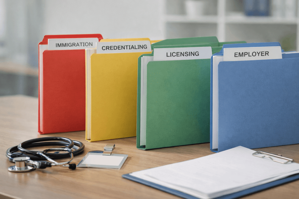 Organised healthcare worker document folders for immigration, credentialing, licensing, and employer review