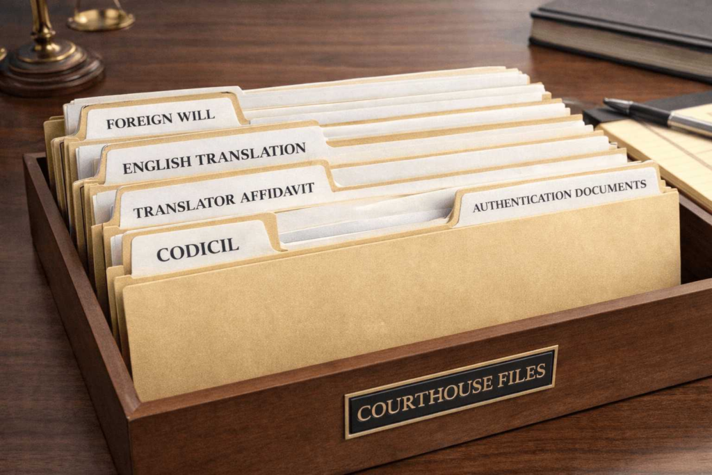 Organised probate filing bundle with translated will and supporting documents